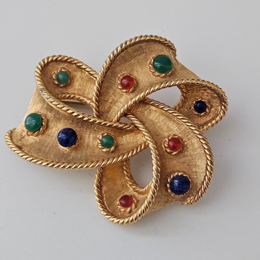 Vintage Ribbon Bow Knot Gold Tone Brooch with Multi Colored Glass Stones Rope